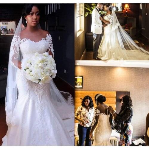 Vintage Long Sleeve Mermaid Wedding Dresses Scoop Neck Lace Appliques Backless Formal Bridal Gowns Plus Size