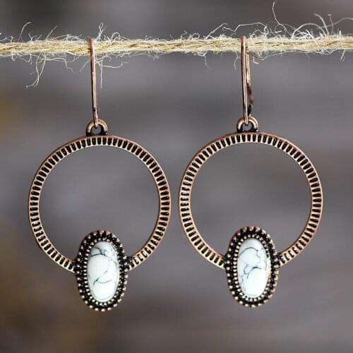 Vintage White Stone Crochet Earrings For Women Copper Red Big Hollow Round Dangle Earrings Antique Tribal Jewelry Wholesale