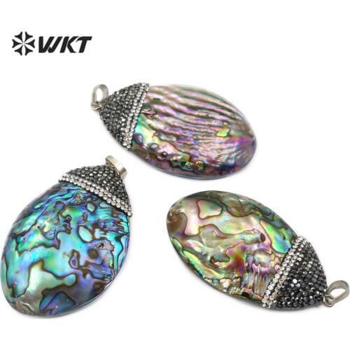 WT-NP384 Natural Abalone Shell Pendant Rainbow Color With Rhinestone Pave Pendant Sea Shell Pendent For Necklace Making