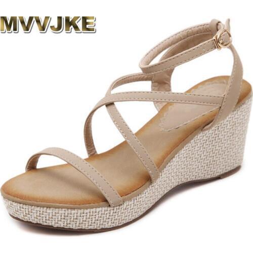MVVJKE 2018 New siketu Fashion Hollow Cross Lace PU Women Sandal Roman Style Soft Comfort cross strap 7.5 cm Wedge women Sandals