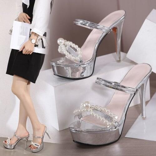 New Stiletto Pearl Waterproof Platform Two Wear Female Fashion High Heels 2021 Sandals Sexy White Silvery Open Toe Party Shoes