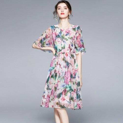 Ladies Flower Chiffon Dress Summer Bohemia Vintage Printing Lotus Leaf Sleeve Beach Dresses Women Casual Simple Vestidos
