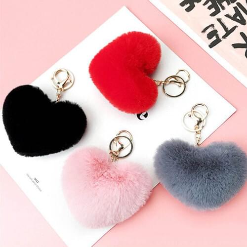 Women Keyring Backpack Pendant Bag Decoration Heart Shape Ball Pompom Keychain Metal Circle Plush Trinket Key Holder