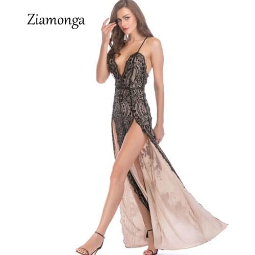 Ziamonga Elegant Sequin Side Split Maxi Dress Women Evening Party Summer Dress 2019 Sexy Backless Clubwear Long Dress Vestidos
