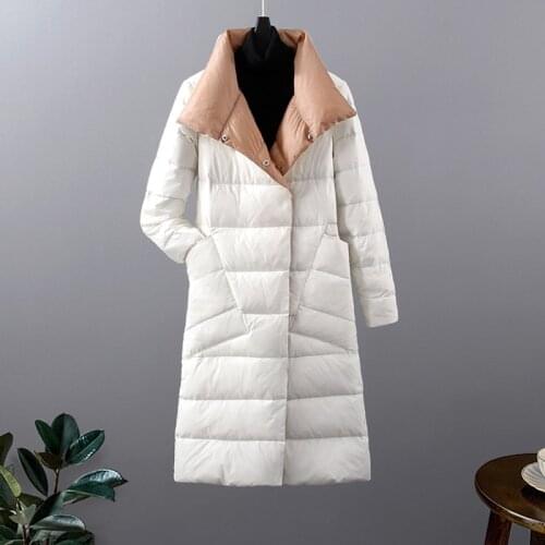 New Winter Elegant Women 90% White Duck Down Coat Double Sided Long Jacket Casual Loose Button Warm Snow Outwear