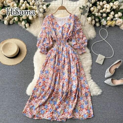 2021 summer new women V-neck puff sleeve flower print chiffon A-line dress female Chic elegant waist beach dresses
