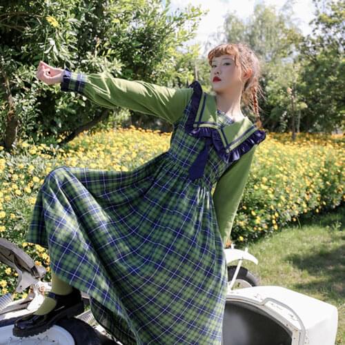 2020 NEW Autumn winter Women dress Green Plaid Japan Style Sailor collar Long sleeve dress female bing robe femme