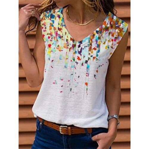 2021 Summer Vintage Floral Printed Loose T Shirts Women Sexy V-Neck Pullover Tops Ladies 5XL Casual Sleeveless Vest Blusa