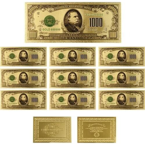 Colorful America 1000 Dollar Pure Gold Banknote 2-sides Gold Plated 24K Bill Bank Notes Business Souvenir Gifts 10pcs/lot