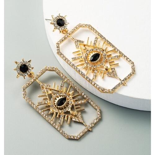 Design Lady crystal Statement Earring Women Metal Gold Color hollow Eye Long Dangle Drop Earrings Fashion Party Jewelry wholesal