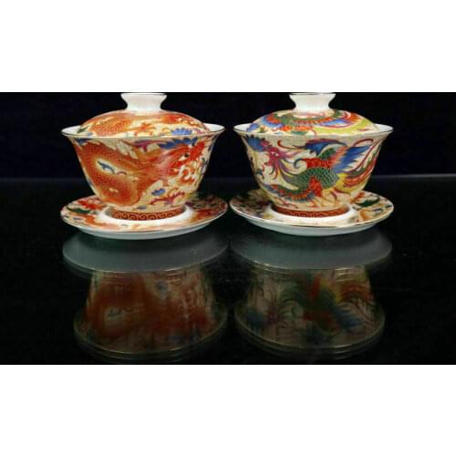 Chinese old porcelain A pair of gold-painted pastel dragon phoenix pattern bowls