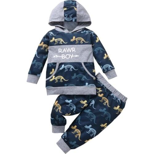FOCUSNORM 0-4Y Infant Baby Boys Autumn Clothes Sets 2pcs Letter Dinosaur Patchwork Hooded Long Sleeve Tops Pants