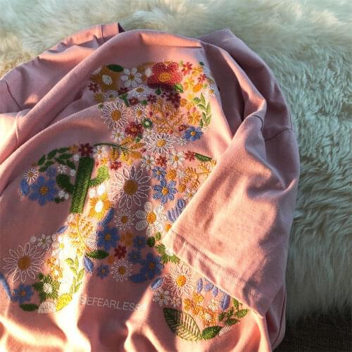 Summer Women Bear Embroidery Loose T-shirt Korean Harajuku Style Casual Short Sleeve O-Neck Cartoon Top Female Clothes Tee