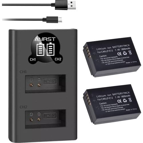 2x 1800mAh LP-E12 LP E12 LPE12 Li-ion Battery + LED USB Dual Charger for Canon EOS M50, EOS M100,100D Kiss X7 Rebel SL1 Camera