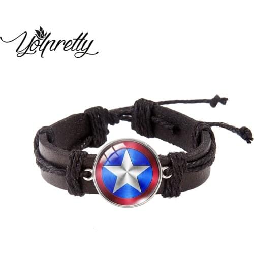 Avengers A Captain Iron Man Lace-up Leather Bracelet Glass Cabochon Charm Pendants Jewelry for men