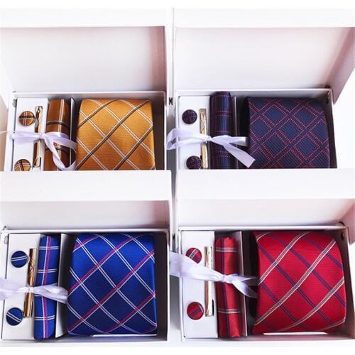 Plaid Men Ties Set Wedding Handkerchief Cufflinks Tie Clip Party Necktie Pocket square Box Gift