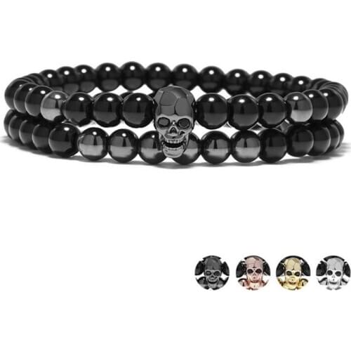 One Sets 6mm Black Energy Yoga Skull Charm Bracelet For Men Women Natural Stones Buddhist Strand Beads Bracelets Jewelry