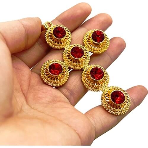 Red Stone Ethiopian Cross Pendant Chain Necklaces for Women Girls,Gold Color Eritrea Jewelry African Crosses Party Gift