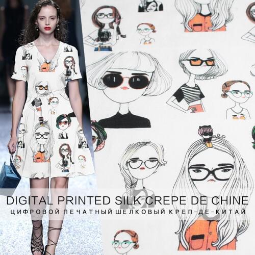 Pearlsilk 12momme White Girls Printed Crepe de Chine 100% Silk Materials Shirt Dress DIY clothes fabrics Freeshipping