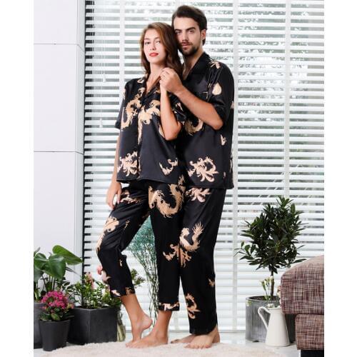 Пижама Couple Silk Satin Pajamas Pyjamas Set Long Sleeve Sleepwear Pijama Pajamas Suit Sleep 2PC Set Lounge wear pajamas