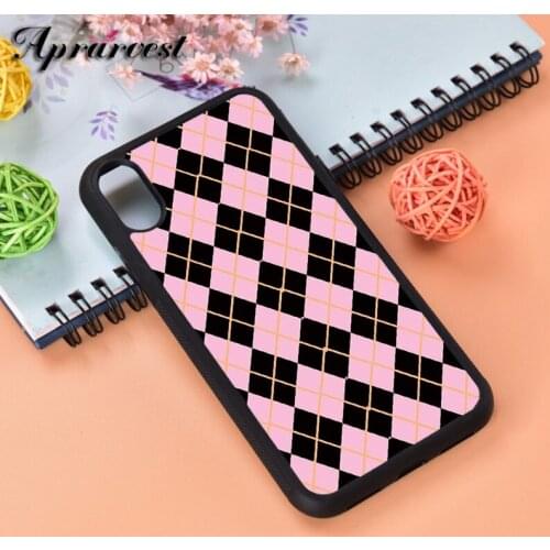 Aprarvest Pink And Black Argyle Pattern Silicone Rubber Phone Case Cover For iPhone 6 6S 7 8 PLUS X XS XR 11 12 MINI PRO MAX