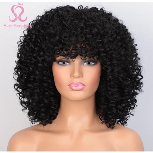 SUe EXQUISITE 14inches Afro Kinky Curly Wig With Bangs Synthetic Long Wigs for Black Women Nature Heat Resistant Black Wig