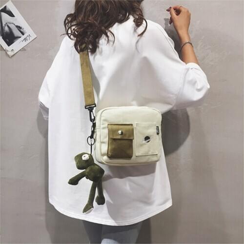Women Canvas Bag Hong Kong Style Harajuku Style Contrast Color Small Bag Korean Style Fashionable Casual Messenger Shoulder Bags