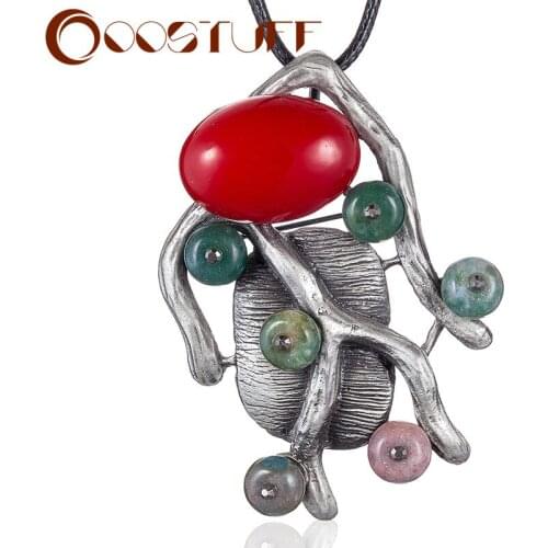 Vintage Plant Jewelry Long Necklace for Women Branches Pendant Color Bead Black Rope Chain Jewellery Suspension Choker Wholesale