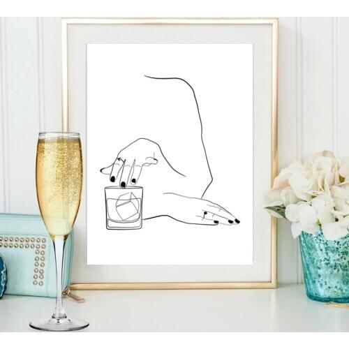 Whiskey Woman Abstract Line Drawing Art Print Gift for Whiskey Lover Boho Poster Wall Art Canvas Painting Kitchen Bar Decor