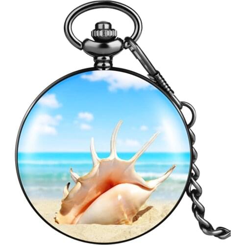 New Product Girl Beach Conch Flip Pocket Watch Quartz Arabic Numeral White Dial Smooth Alloy Case Thick Chain Pendant Watch Gift