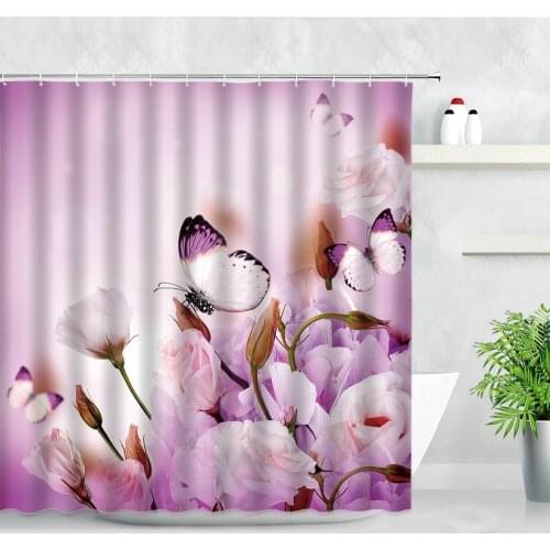 Floral Pink Rose Shower Curtain Set 3D Butterfly Purple Flower Printing Waterproof Bathroom Decor Polyester Fabric Bath Curtains