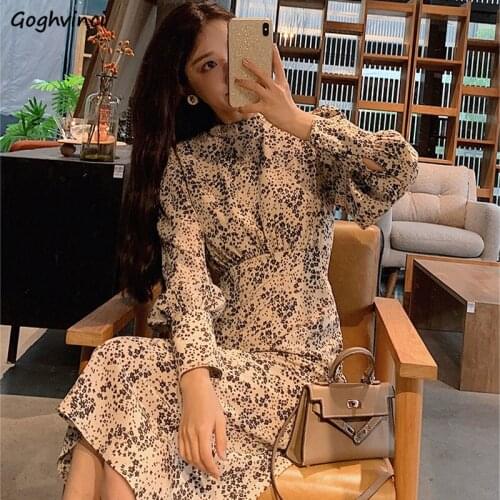 Women Long Sleeve Dress Printed Lantern Sleeves Zippers Mid-calf Length Shivering Fresh Korean Style Abdomen Leisure Chic Trendy