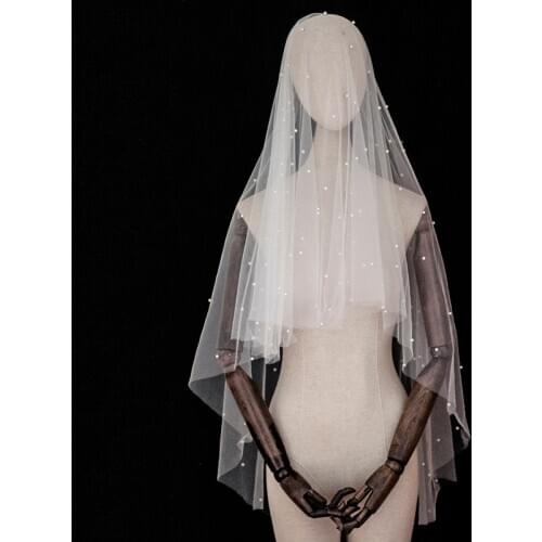 Wedding Veil One Layer Bridal Veil Face-Covered Blusher Veil with Pearls Simple Soft Tulle Lace Square Bridal Veil velo de novia