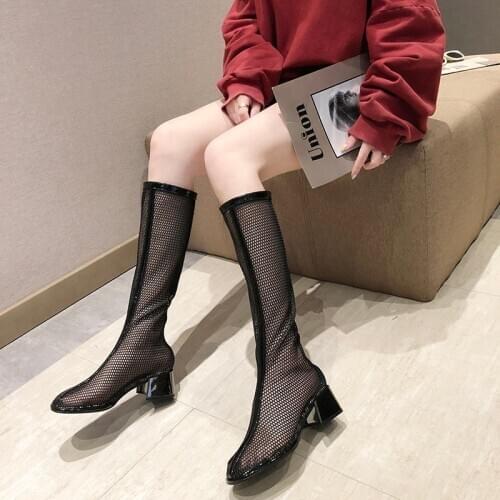 2020 hot sale summer boots mesh hollow out breathe black white knee high chunky heels boots fashion gladiator ladies shoes