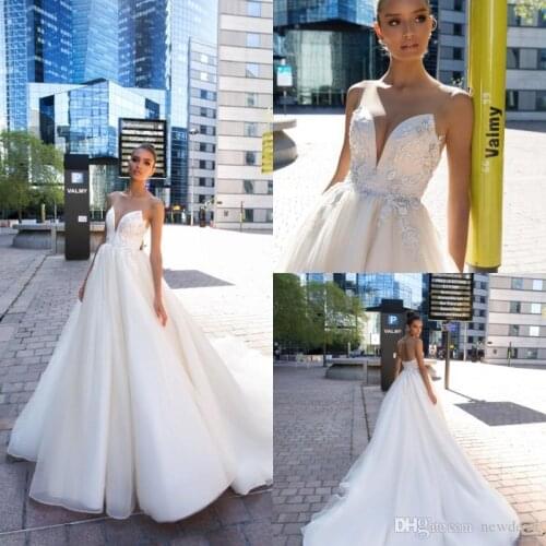 Crystal Design 2019 Wedding Dresses Illusion Bodice Lace Beads Bridal Gowns Sweep Train Plus Size A Line Wedding Dress