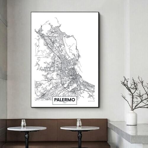 Famous City Map Italy Palermo Printed Canvas Painting Wall Art Pictures Black White Posters and Prints Living Room Home Decor