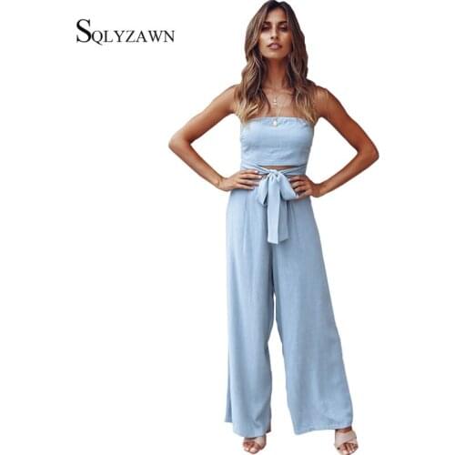 Sexy Sleeveless Blue Palazzo Pants Jumpsuit Women Bandage Belt Hollow Out Romper Elegant Casual Off Shoulder Wide Leg Overall
