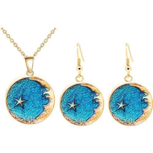 Korean Romantic Starry Sky Pendant Necklace with Drop Earrings Sets For Women Enamel Round Jewelry Sets For Wedding Gift NT010