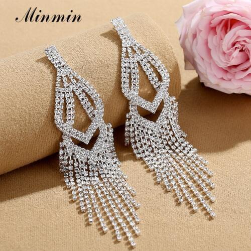 Minmin Geometric Large Wedding Tassel Drop Earrings Sparkling Silver Color Crystal Long Hanging Earrings Bridal Jewelry MEH1638