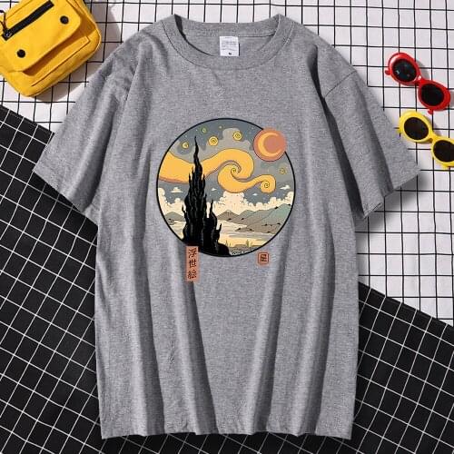 Starry Ukiyo-e Night Comics Print Male T Shirt Couple Casual T Shirts Loose Crewneck Sportswear Vintage Quality Clothes Men New