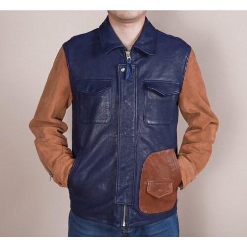 2020 new arrivals mens patchwork genuine contrast color fashion jacket men suede leather coat male
