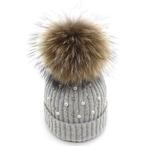 2018 New winter wool knitted hat beanies with real mink fur pom poms Skullies natural raccoon Bobble Fur Pompom Pompon Hat caps