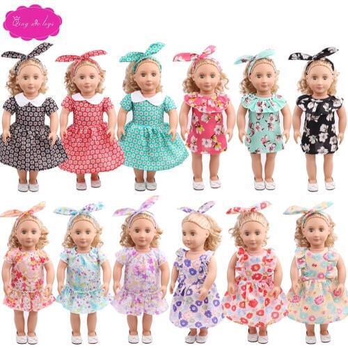 18 inch Girls doll clothes Multi-style summer print dress + hair band American newborn dress Baby toys fit 43 cm baby dolls c518