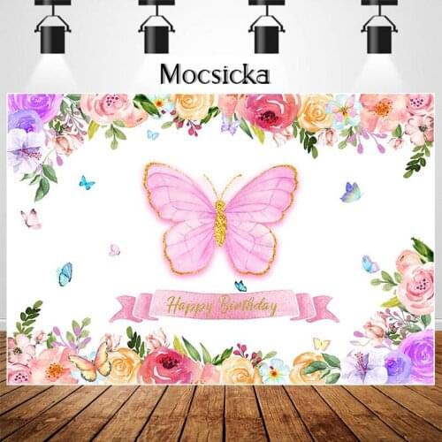 Butterfly Floral Backdrop Watercolor Flower Girls Fairy Princess Birthday Party Background Cake Table Decorations Banner