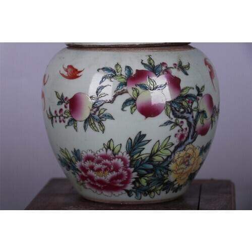 Qing Dyansye rare old Jingdezhen porcelain famille rose jar, peach & peony & bat