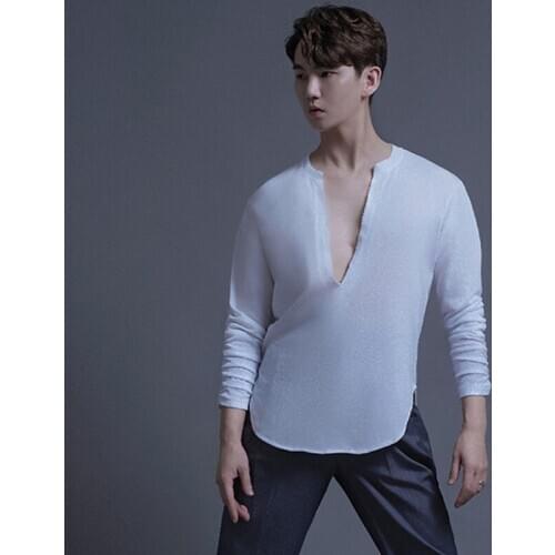 Latin Dance Shirts Men Rumba Cha Cha Samba Tango Show Wear Male Adult Sexy V-Neck Loose Breathable Linen Practice Clothes DN6252