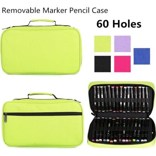 Removable Portable Solid Color 60 Holes Marker Zipper Pencil Case Kawaii Large Capacity Document Bag Art Pen Supplies Storage