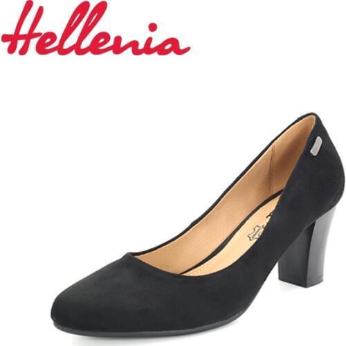 Hellenia shoes pump mid heels fashion office ladies pointed toe shallow black Fabric leather lining Hot sale sexy shoelaces
