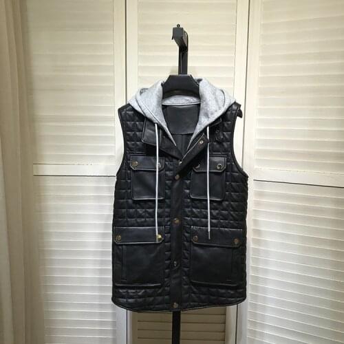 Spring Autumn Chic Womens Sheepskin genuine leather Hooded Vest High quality plaid Leather waistcoat C734
