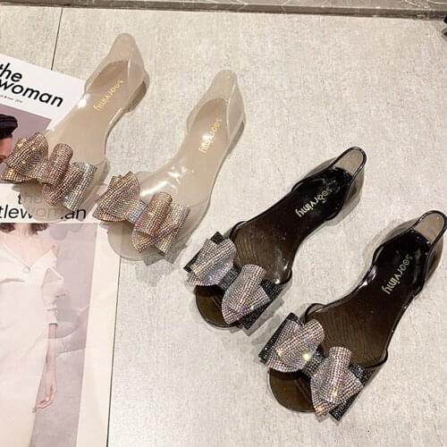 Termianoov Women Flats Jelly Shoes Butterfly Knot Rhintstones Beach Shoes Sandals Transparent PVC Peep Toe Summer Shoes